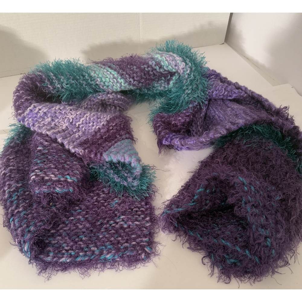 Hand Knit Multi Yarn‎ Winter Scarf-Purples & Teals 61.5" Long 20" Wide